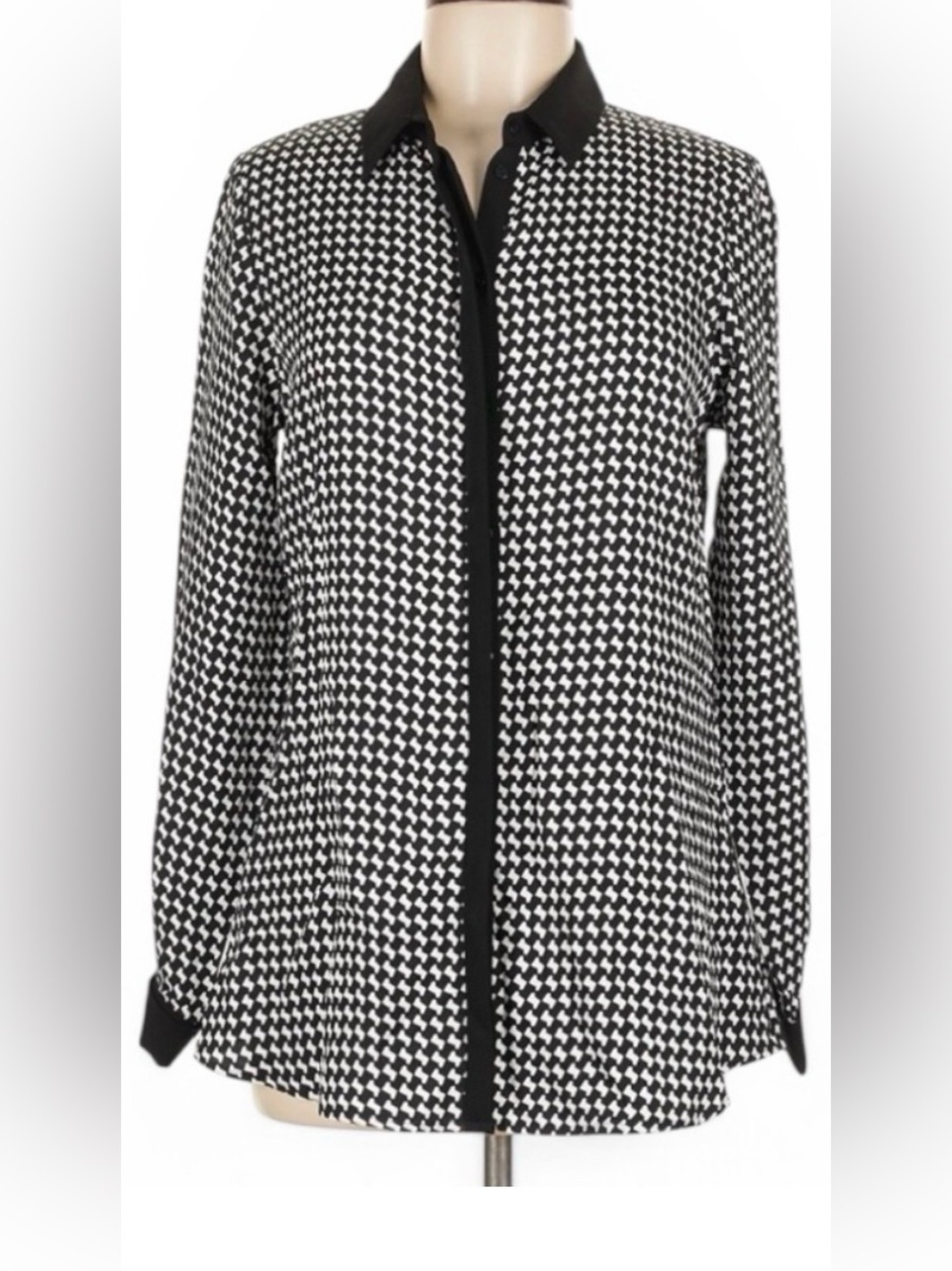 Anne Fontaine Button Up Blouse Black White Print Long Sleeve Shirt , Size L